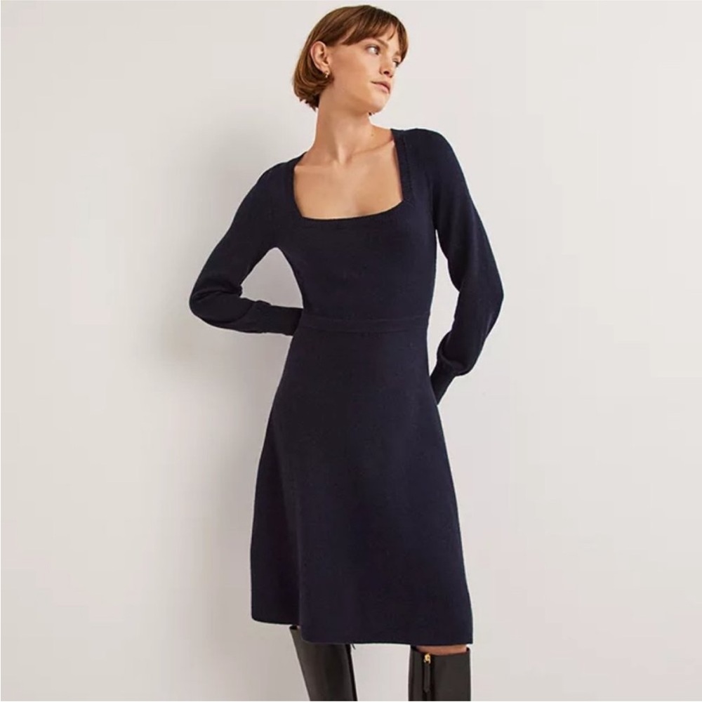 Boden‎ Navy Blue Square Neck Wool Alpaca Blend Knit Midi Dress US 8R